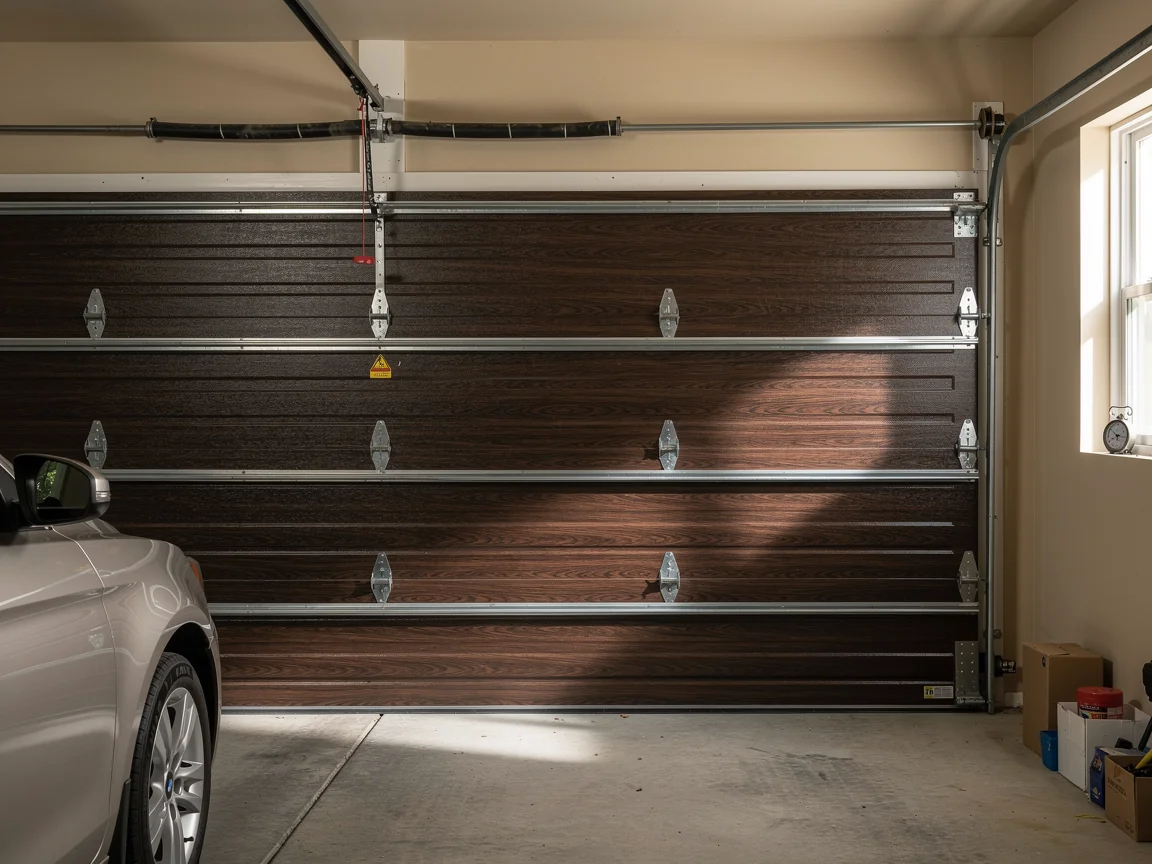 A brown garage door is closed with a car parked inside.